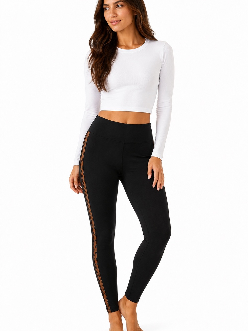 Urban Diction High-Waist Black Leggings with Leopard Side Stripe NEW - Picture 2 of 9